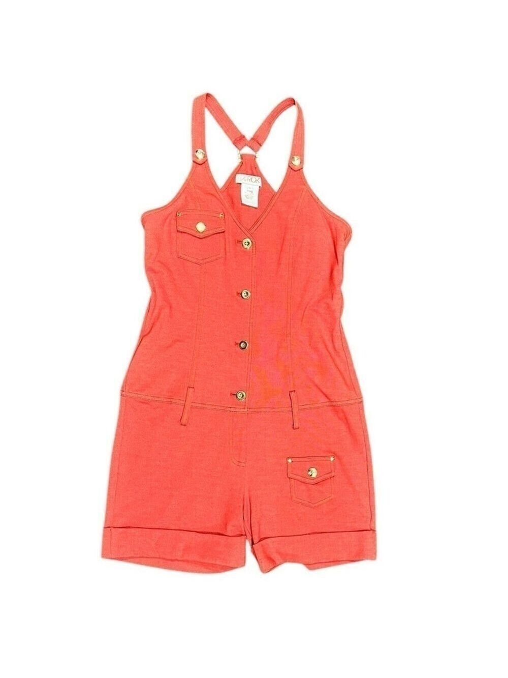 LaROK Romper Overalls Orange Cuffed Pockets Stretchy EC Women’s Size Small